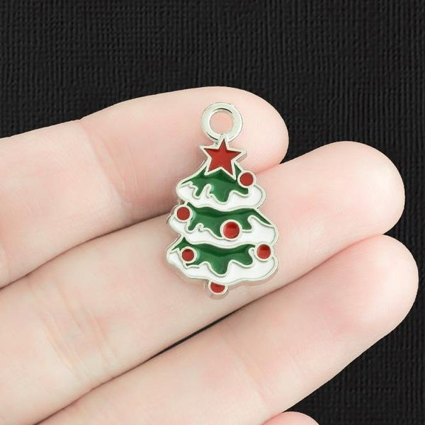 4 Christmas Tree Silver Tone Enamel Charms - E070