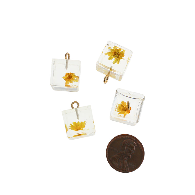 2 Yellow Dried Flower Resin Charms - K036