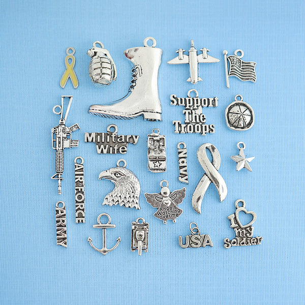 Deluxe Military Charm Collection Antique Silver Tone 21 Charms - COL318