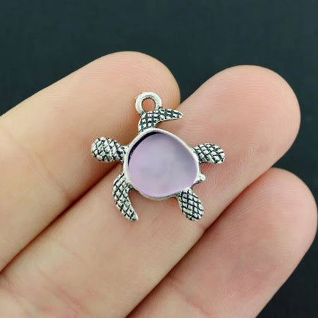 Turtle Antique Silver Tone Charm With Inset Lavender Seaglass - SC1606
