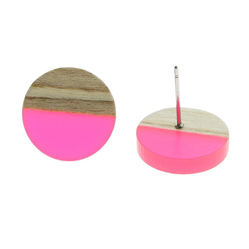 Wood Stainless Steel Earrings - Pink Resin Round Studs - 15mm - 2 Pieces 1 Pair - ER109