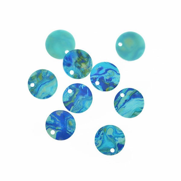 8 breloques rondes en résine d'acétate de marbre bleu océan - K389