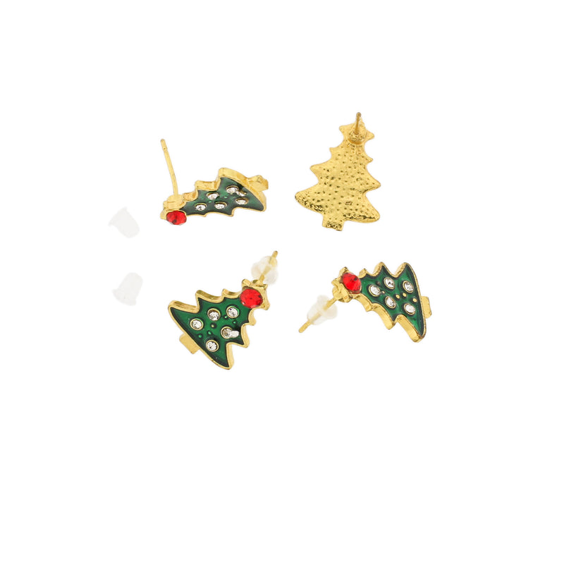 Gold Tone Stud Earrings - Enamel Christmas Tree With Inset Rhinestones - 18mm - 2 Pieces 1 Pair - ER514