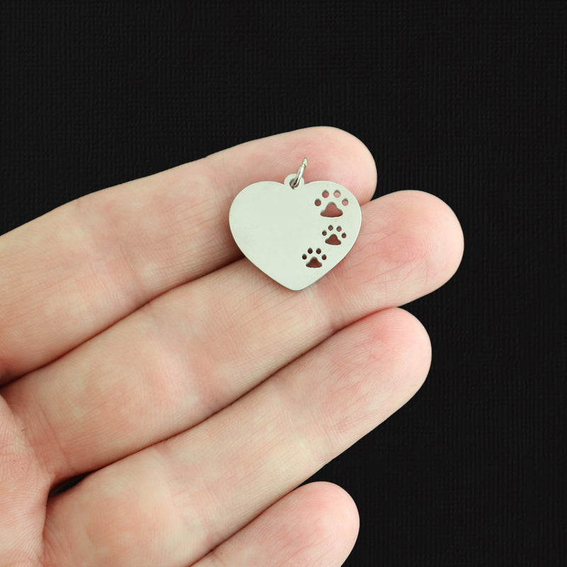 BULK 5 Heart Paw Print Stainless Steel Charms - SSP598