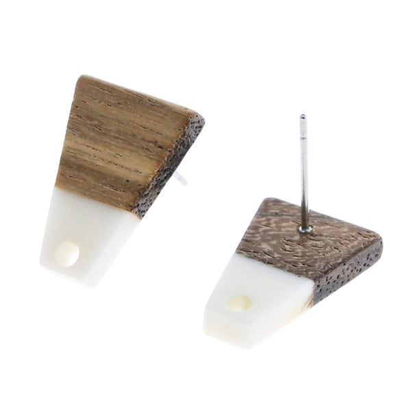 Wood Stainless Steel Earrings - White Geometric Resin Studs - 18mm x 12mm - 2 Pieces 1 Pair - ER114