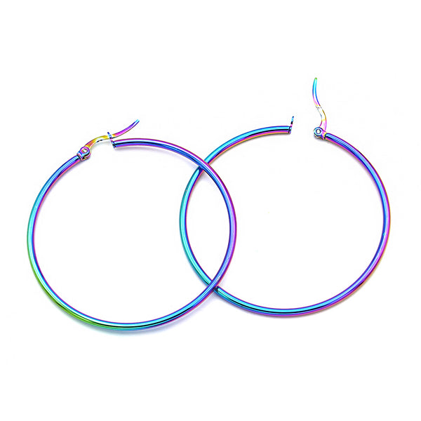 Hoop Earrings - Rainbow Electroplated Stainless Steel - Lever Back 54mm - 2 Pieces 1 Pair - Z1682