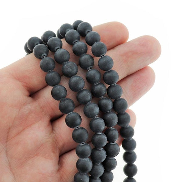 Perles rondes en obsidienne naturelle 8 mm - Noir givré - 1 rang 49 perles - BD305
