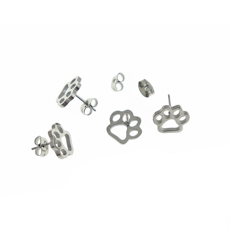 Stainless Steel Earrings - Paw Print Studs - 12mm x 11mm - 2 Pieces 1 Pair - ER442