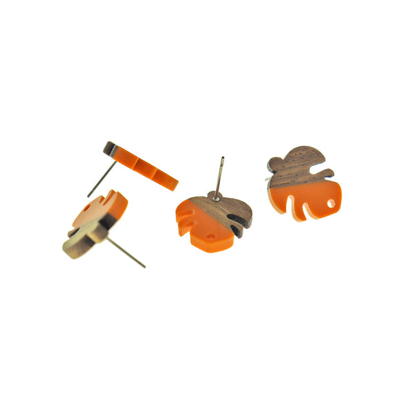 Wood Stainless Steel Earrings - Orange Resin Leaf Studs - 19.5mm x 17mm - 2 Pieces 1 Pair - ER769