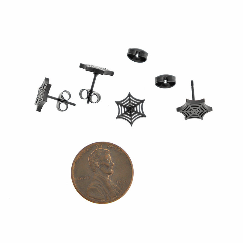 Boucles d'oreilles en acier au titane noir Gunmetal - Clous de toile d'araignée - 9mm - 2 pièces 1 paire - ER592