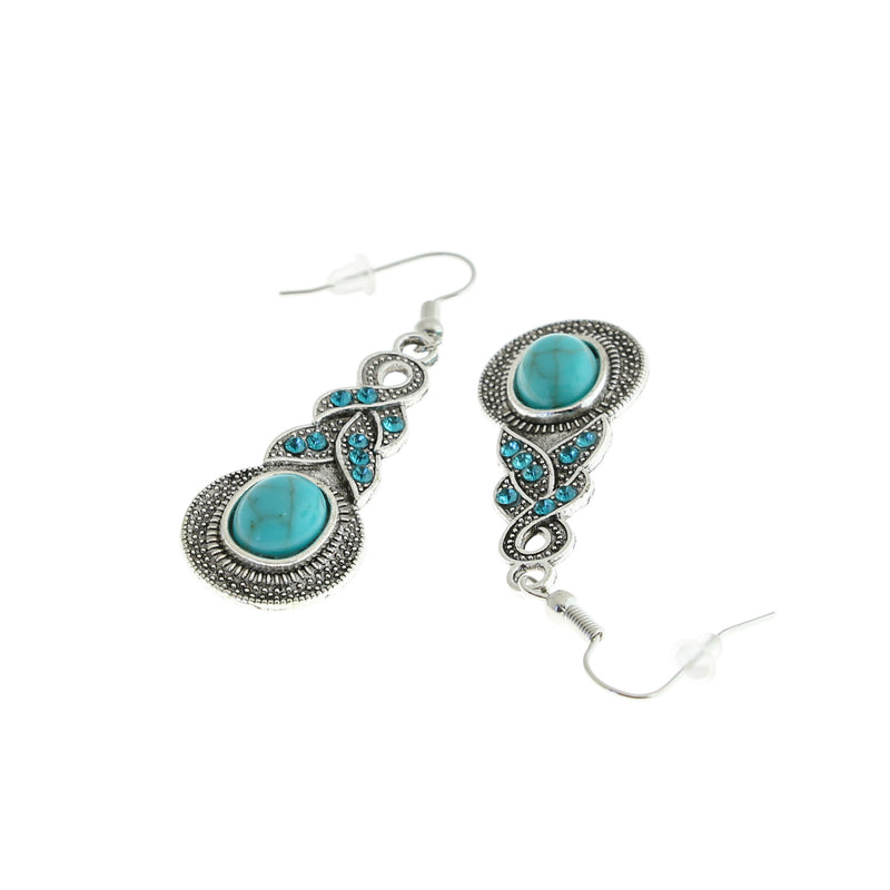 Boucles d'oreilles argentées antiques - Crochets de style français avec résine turquoise - 2 pièces 1 paire - ER378