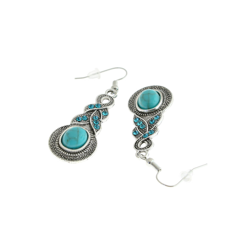 Antique Silver Tone Earrings - French Style Hooks with Turquoise Resin - 2 Pieces 1 Pair - ER378