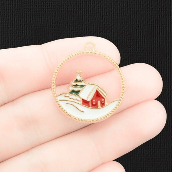 4 Winter Cabin Gold Tone Enamel Charms - E767