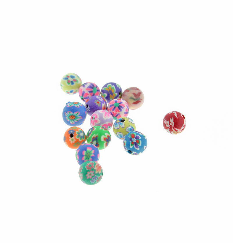 Perles rondes en pâte polymère 8 mm - Fleurs printanières assorties - 50 perles - BD1362