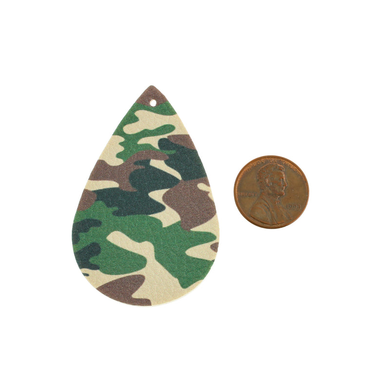 Imitation Leather Teardrop Pendants - Green Camouflage - 4 Pieces - LP246