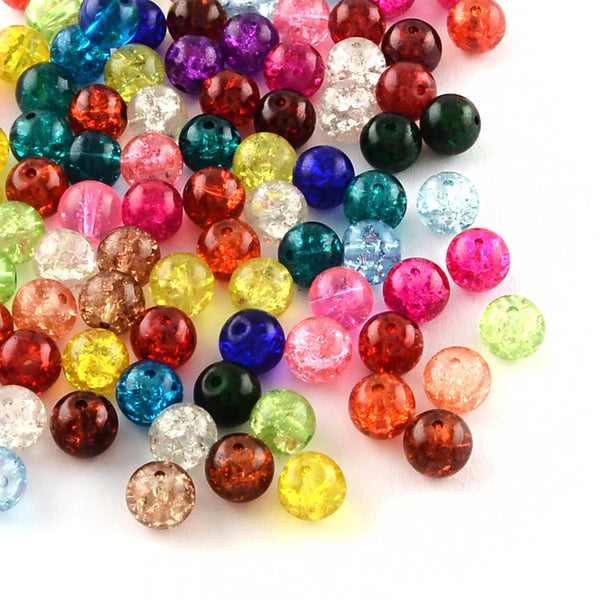 Round Glass Beads 7mm x 6mm - Crackle Rainbow Colors - 100 Beads - BD229