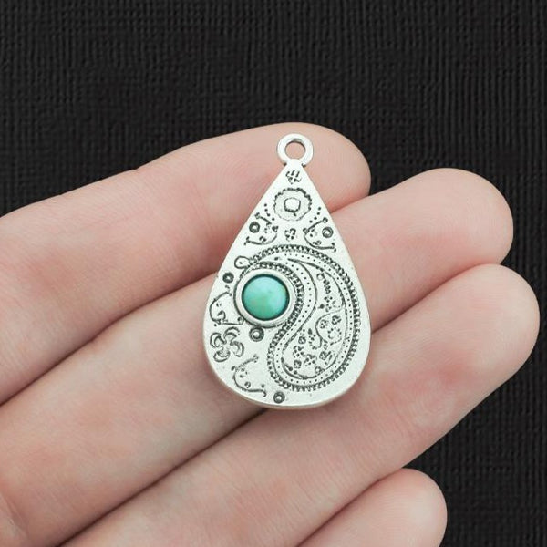 2 Teardrop Antique Silver Tone Charms with Imitation Turquoise - SC3451
