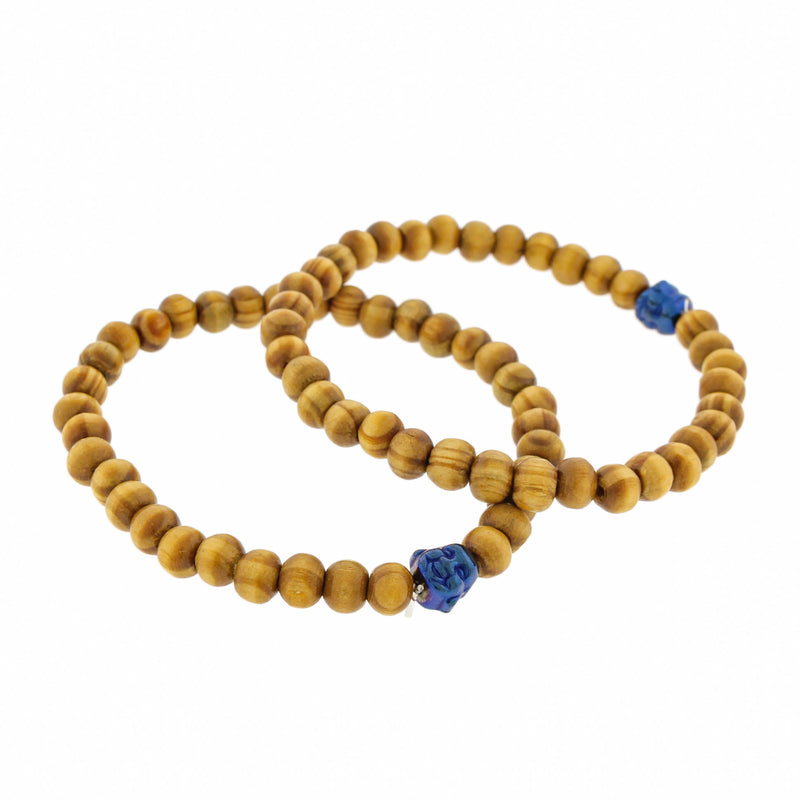 Bracelet Perles Bois Rond - 59mm - Bouddha Résine Bleu - 1 Bracelet - BB077