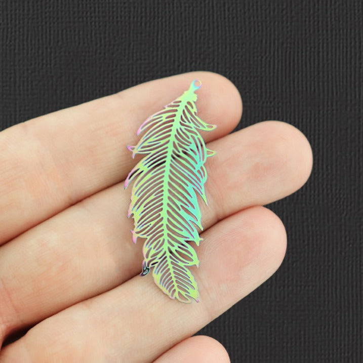 2 Filigree Feather Rainbow Electroplated Stainless Steel Charms 2 Sided - SSP241