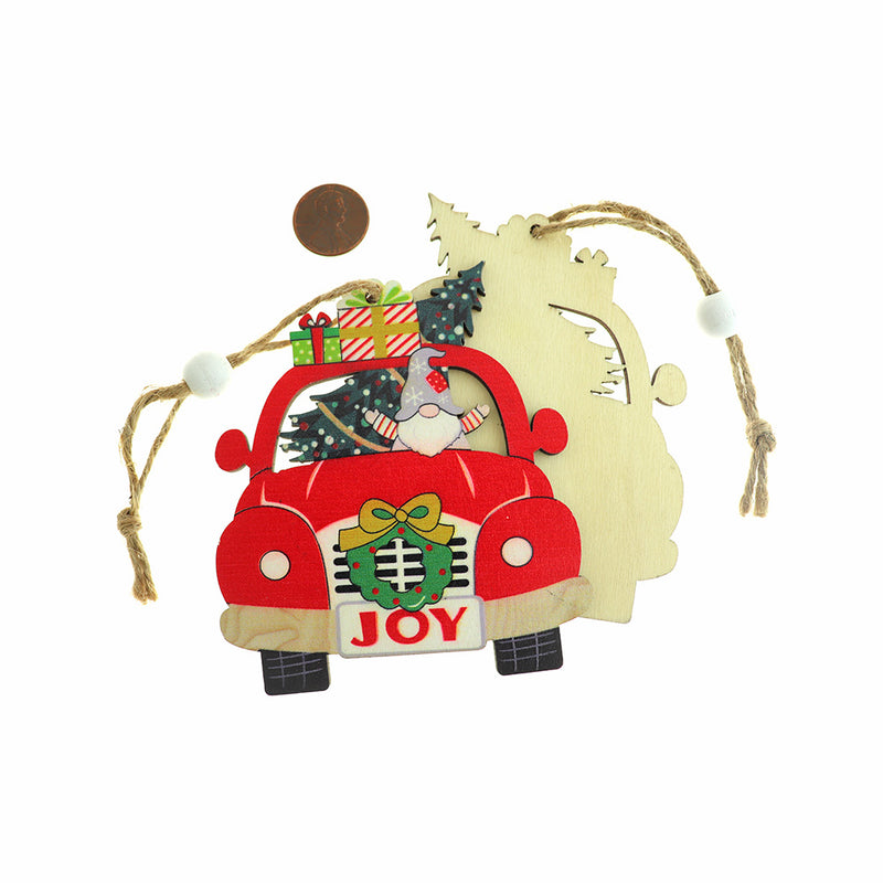BULK 5 Christmas Gnome in Car Natural Wood Charms - WP307