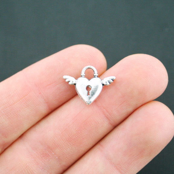 6 Winged Heart Lock Antique Silver Tone Charms 2 Sided - SC3530