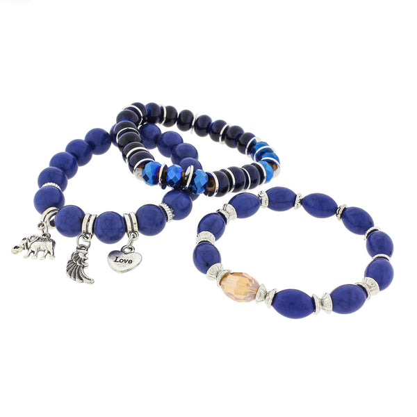 Round Glass Beaded Bracelet Stack - 77mm - Blue with Dangle Charms - 1 Set 3 Bracelets - BB221