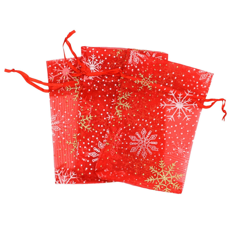 4 Red Snowflake Organza Drawstring Bags 15cm x 10cm - TL178