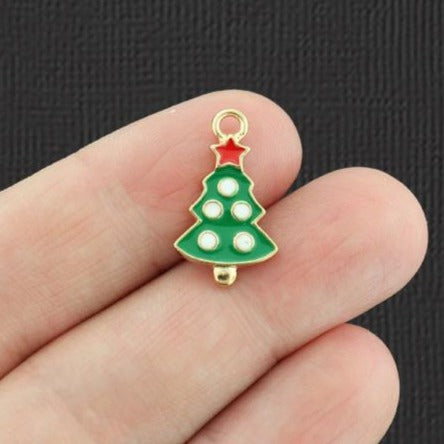 5 Christmas Tree Gold Tone Enamel Charms - E915