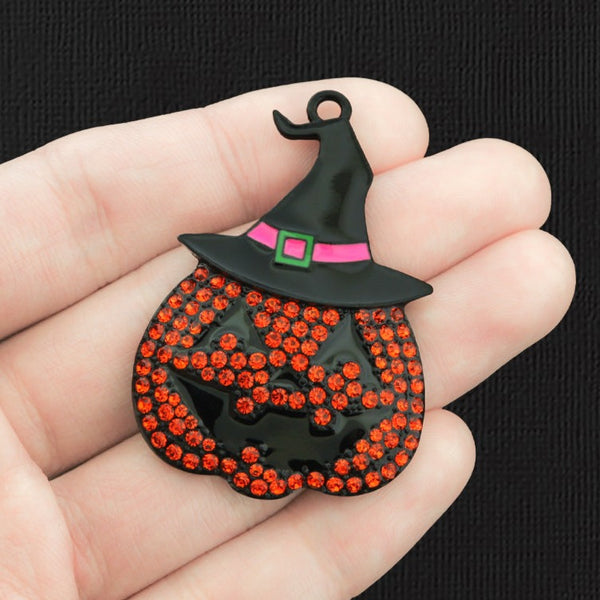 Pumpkin Witch Black Enamel Charm With Inset Rhinestones - E253