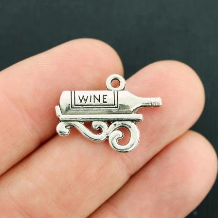 6 Wine Antique Silver Tone Charms 2 Sided - SC4336