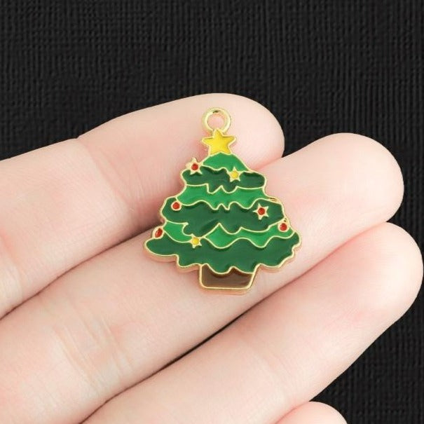 4 Christmas Tree Gold Tone Enamel Charms - E1388