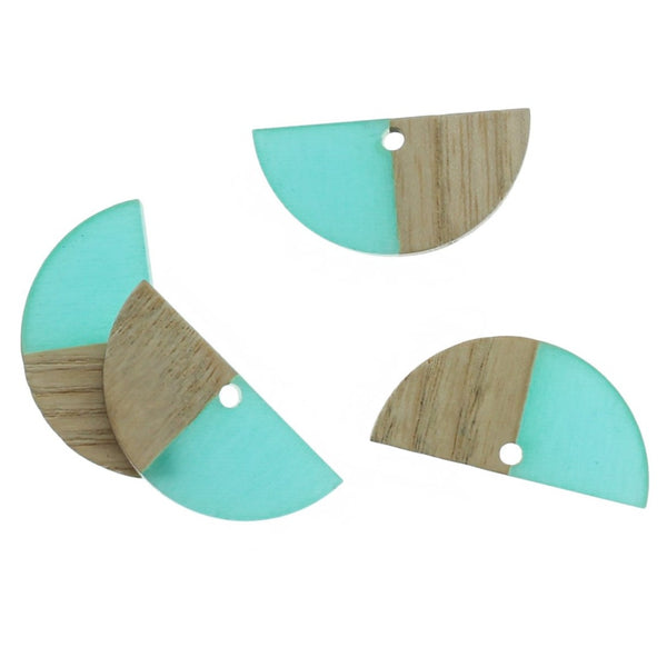 2 Semicircle Natural Wood and Turquoise Resin Charm 14mm - WP182