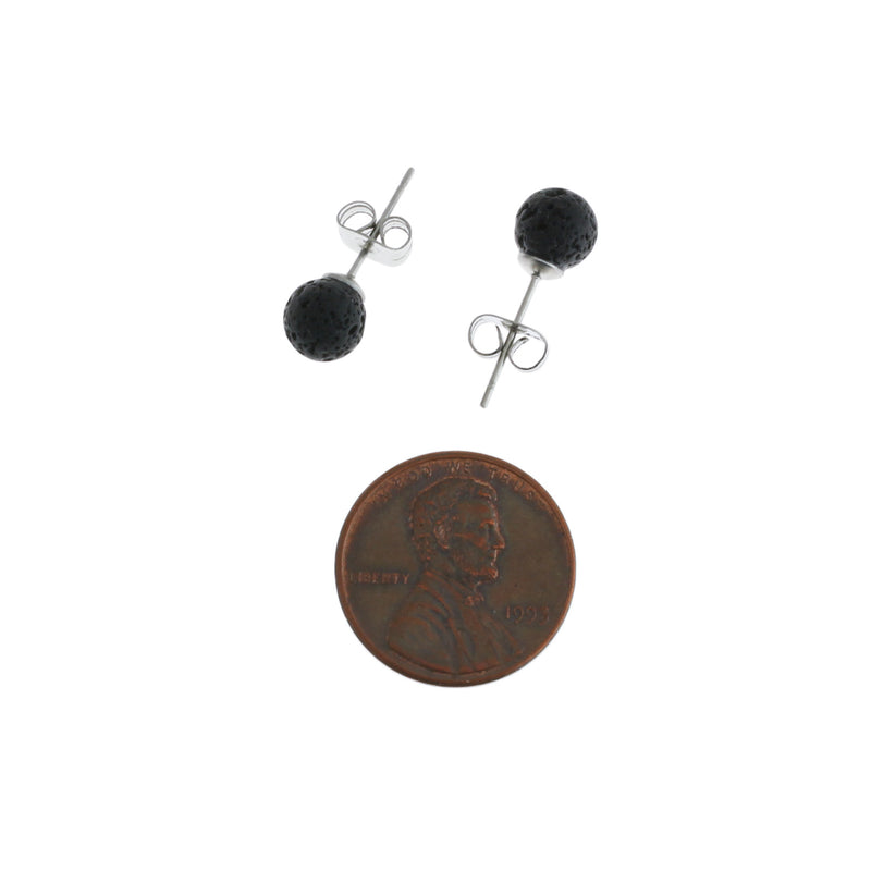 Stainless Steel Earrings - Natural Lava Ball Studs - 6mm - 2 Pieces 1 Pair - ER200