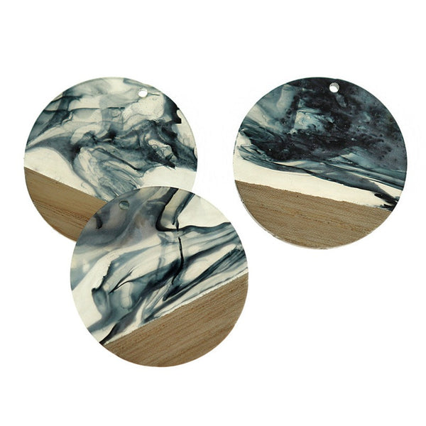 Round Natural Wood and Resin Charm 38mm - Smoke Black and White - WP547