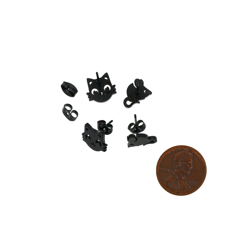 Boucles d'oreilles en acier inoxydable noir Gunmetal - clous de chat et de souris - 11 mm x 9 mm - 2 pièces 1 paire - ER602