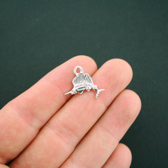 8 Swordfish Antique Silver Tone Charms 2 Sided - SC5974