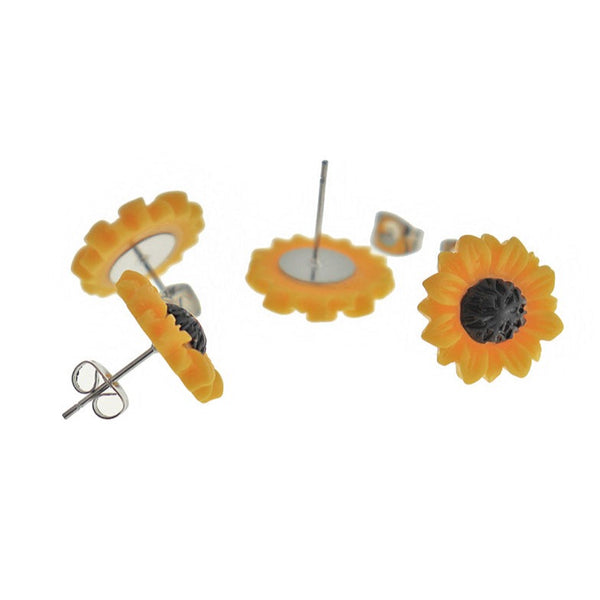 Stainless Steel Earrings - Sunflower Resin Studs - 15mm - 2 Pieces 1 Pair - ER505