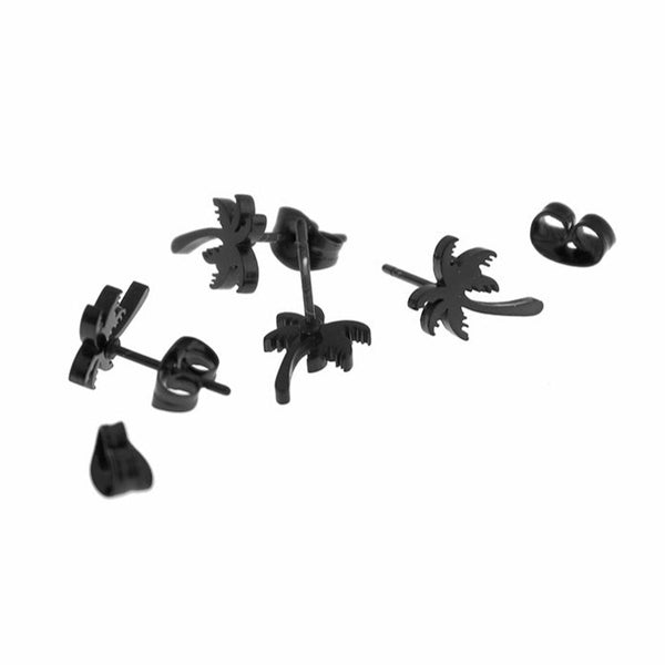 Gunmetal Black Stainless Steel Earrings - Palm Tree Studs - 11mm x 8mm - 2 Pieces 1 Pair - ER426