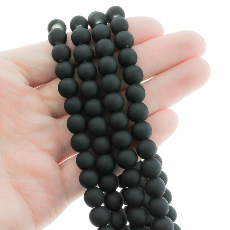 Round Glass Beads 8mm - Frosted Black - 1 Strand 99 Beads - BD827