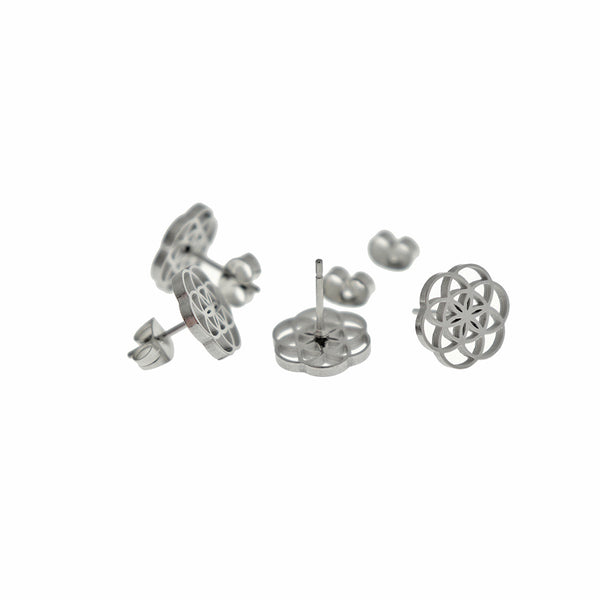 Boucles d'oreilles en acier inoxydable argenté - clous fleur de vie - 11 mm - 2 pièces 1 paire - ER1006