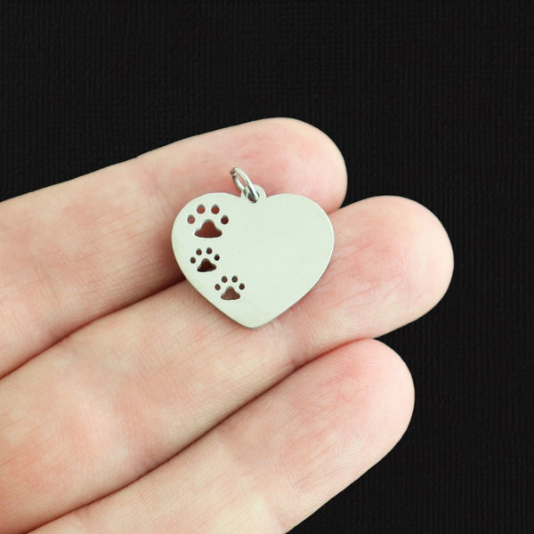 BULK 5 Heart Paw Print Stainless Steel Charms - SSP598