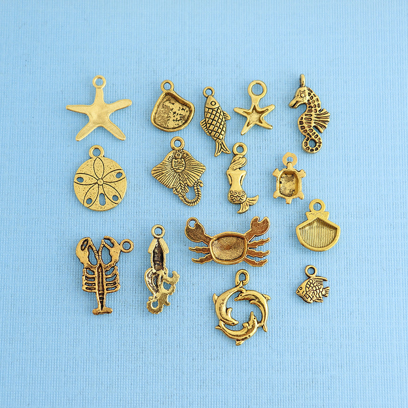 Marine Animal Charm Collection Antique Gold Tone 15 Charms - COL299
