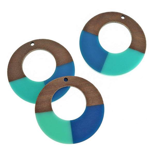 Ring Natural Wood and Resin Charm 38mm - Turquoise and Navy Blue - WP543