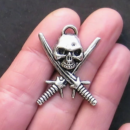 2 Skull Antique Silver Tone Charms - SC873