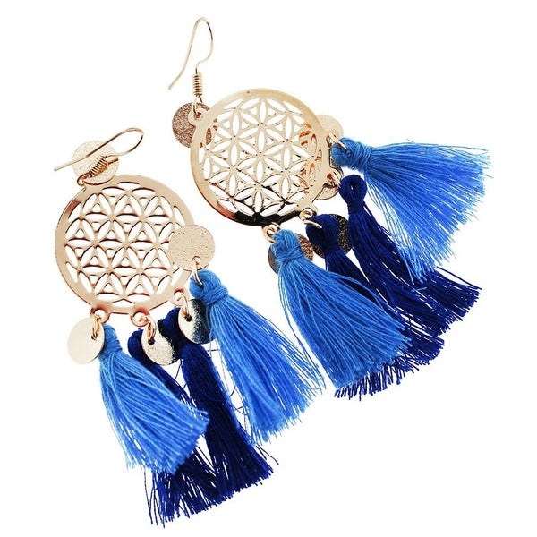 2 boucles d'oreilles attrape-rêves pompon - style crochet français - 1 paire - Z1078