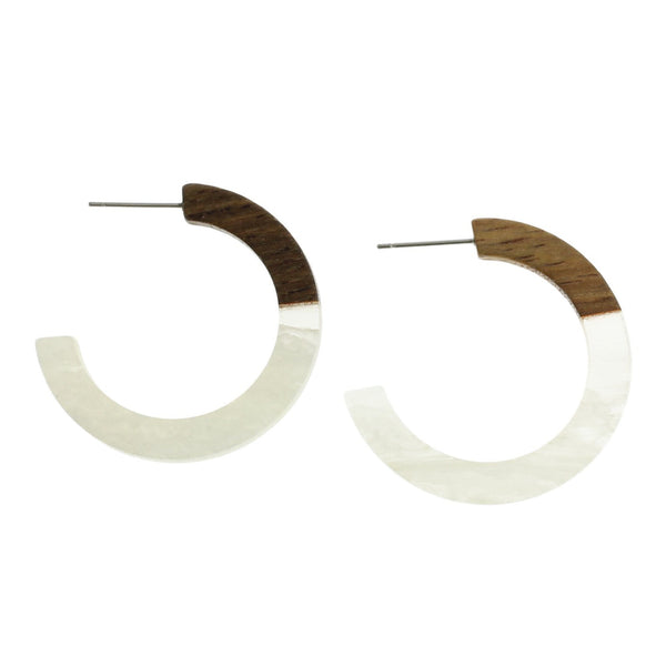 Wood Stainless Steel Earrings - White Resin Hoop - 35mm x 35mm - 2 Pieces 1 Pair - ER261