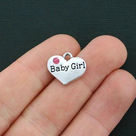 4 Baby Girl Antique Silver Tone Charms 2 Sided With Inset Rhinestones - SC4378