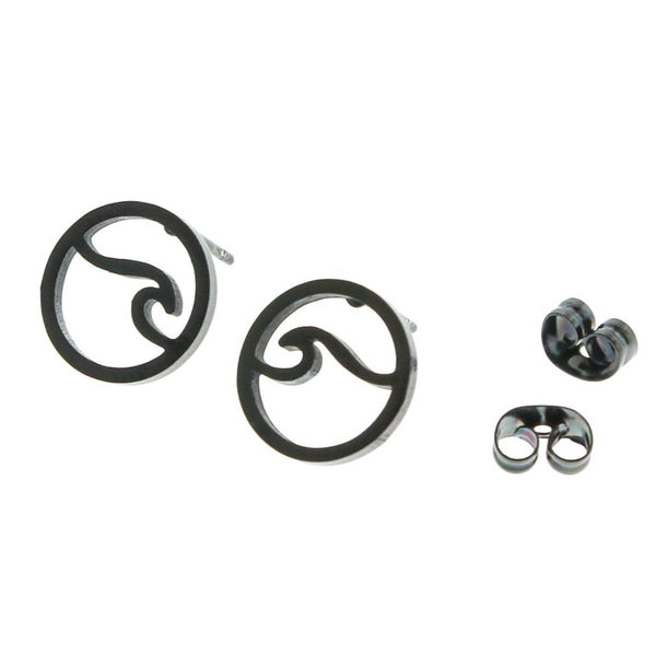 Gunmetal Black Stainless Steel Earrings - Wave Studs - 12mm x 12mm - 2 Pieces 1 Pair - ER035