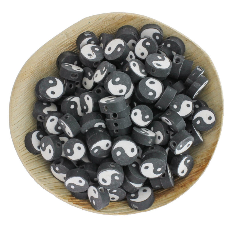 Flat Round Polymer Clay Beads 10mm x 4mm - Yin Yang - 25 Beads - BD1359