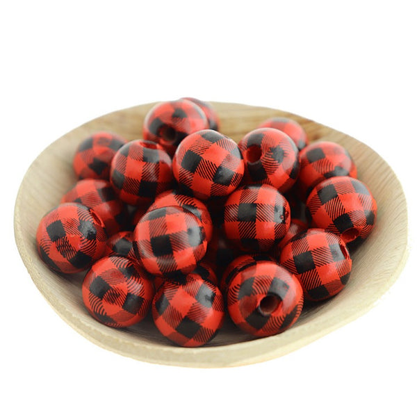 Round Wooden Beads 16mm - Buffalo Plaid - 10 Beads - BD2813